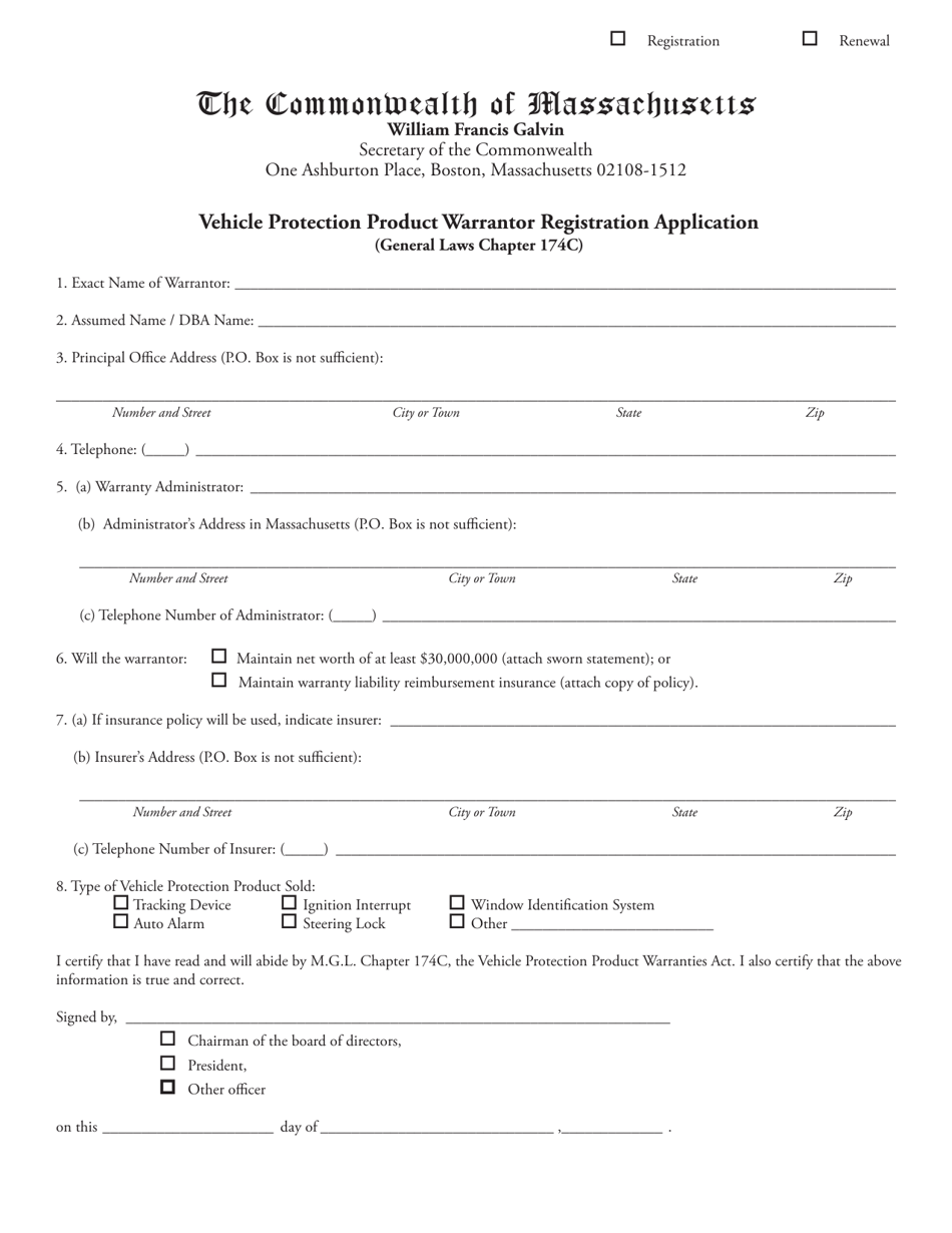 Vehicle Protection Product Warrantor Registration Application - Massachusetts, Page 1