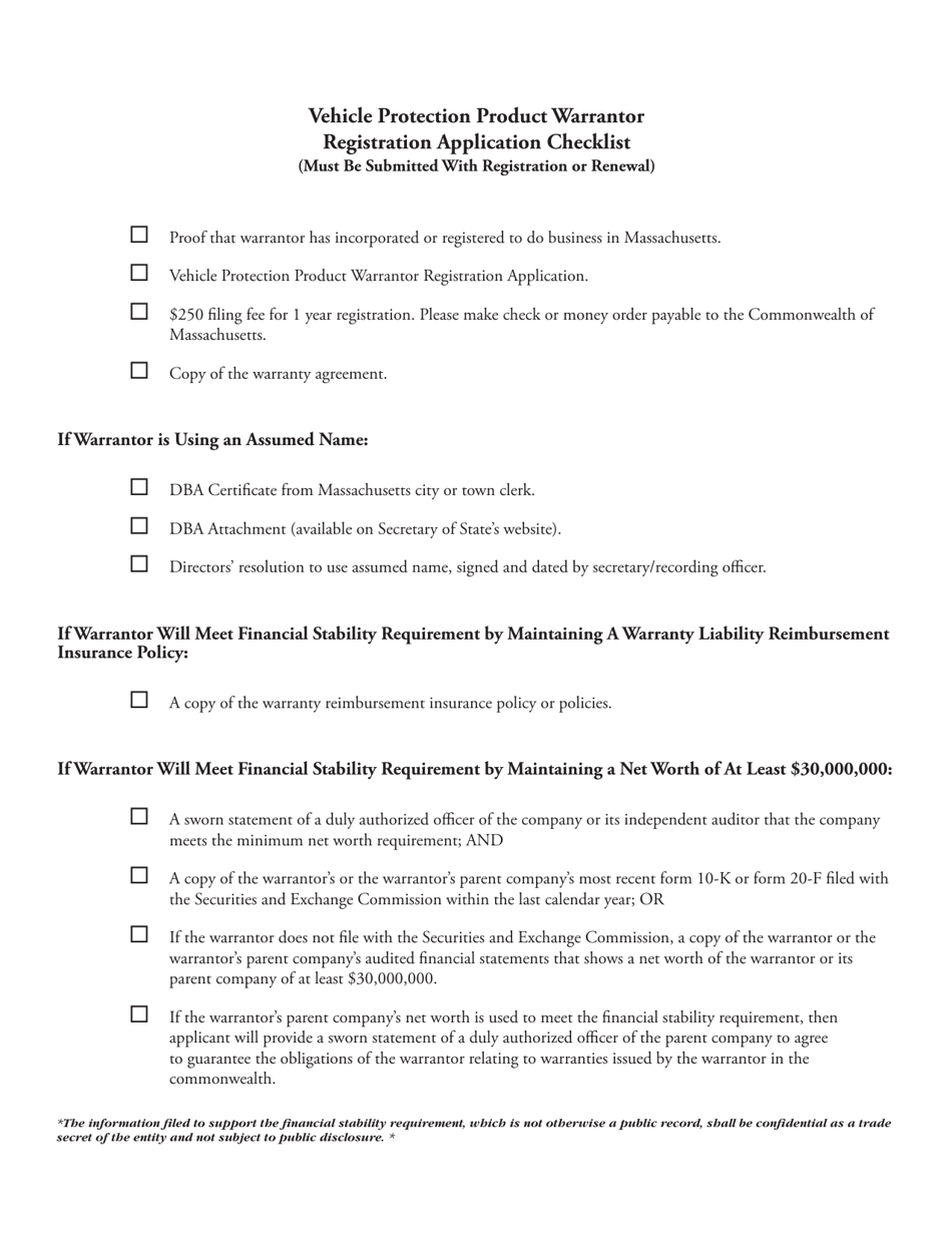 Vehicle Protection Product Warrantor Registration Application - Massachusetts, Page 2