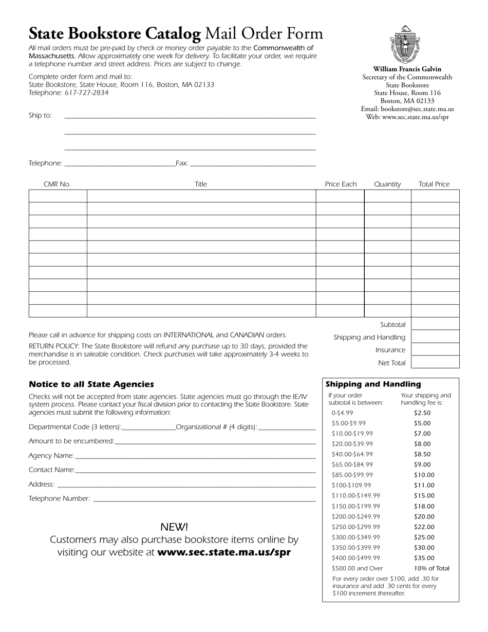 State Bookstore Catalog Mail Order Form - Massachusetts, Page 1