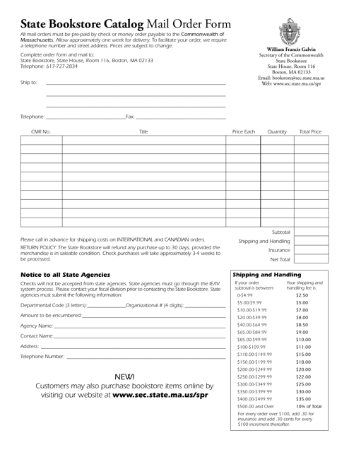 State Bookstore Catalog Mail Order Form - Massachusetts Download Pdf