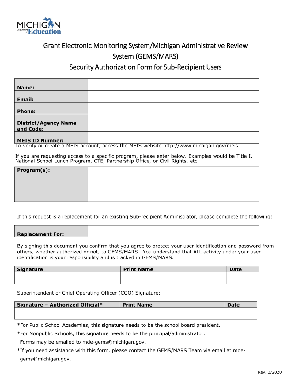 Security Authorization Form for Sub-recipient Users - Grant Electronic Monitoring System / Michigan Administrative Review System (Gems / Mars) - Michigan, Page 1
