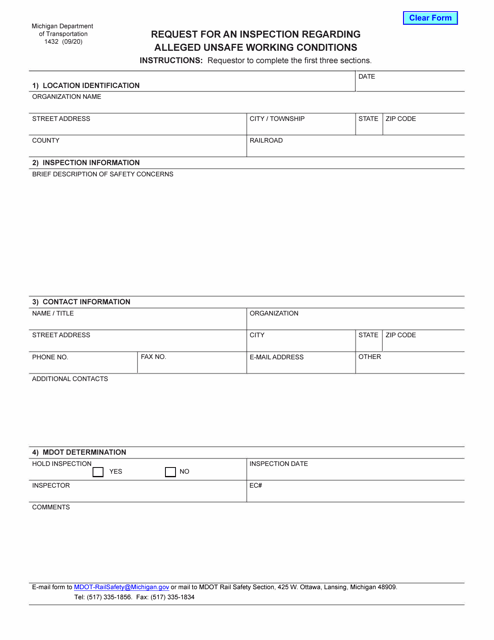 Form 1432 Request for an Inspection Regarding Alleged Unsafe Working Conditions - Michigan