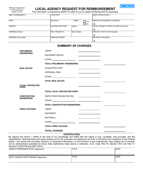 Form 0802P Local Agency Request for Reimbursement - Michigan