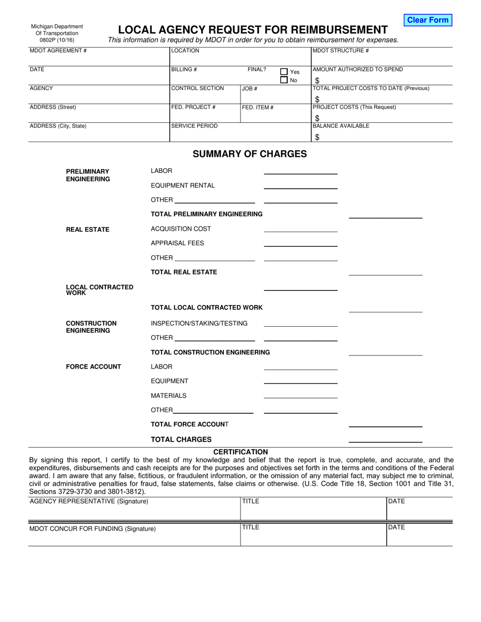 Form 0802P Local Agency Request for Reimbursement - Michigan, Page 1