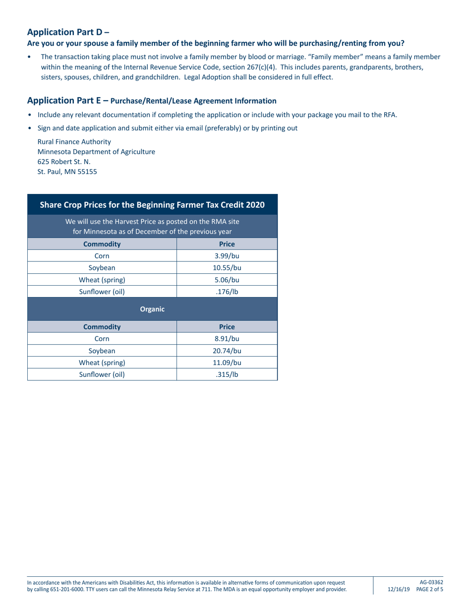 Form AG-03362 Minnesota Beginning Farmer Tax Credit Asset Owner Application - Minnesota, Page 2