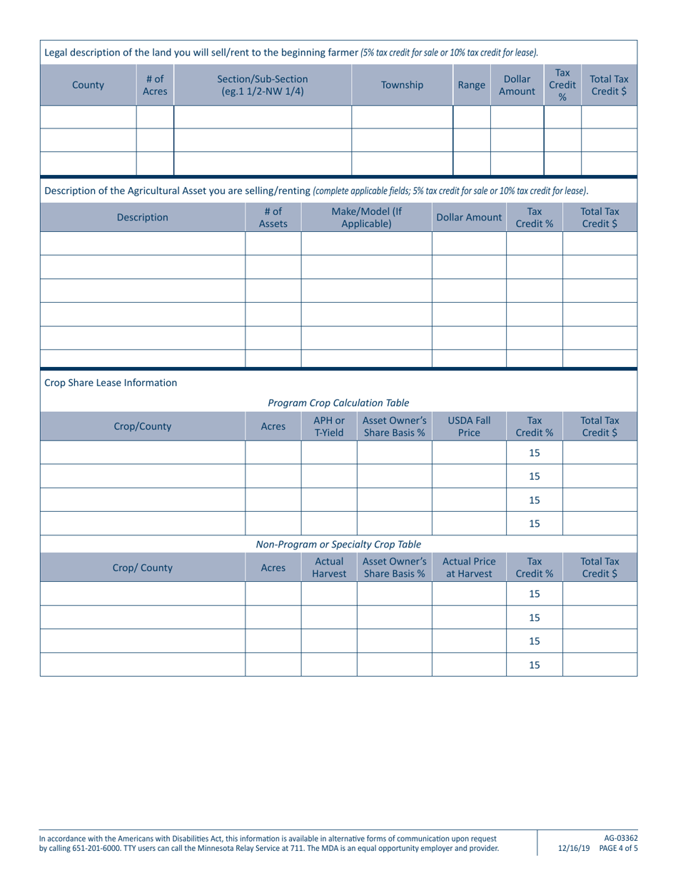 Form AG-03362 Minnesota Beginning Farmer Tax Credit Asset Owner Application - Minnesota, Page 4