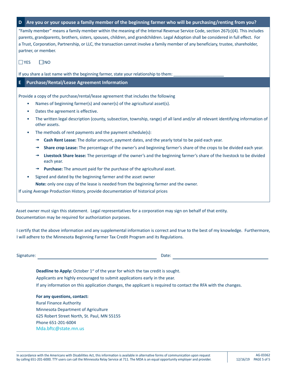 Form AG-03362 Minnesota Beginning Farmer Tax Credit Asset Owner Application - Minnesota, Page 5