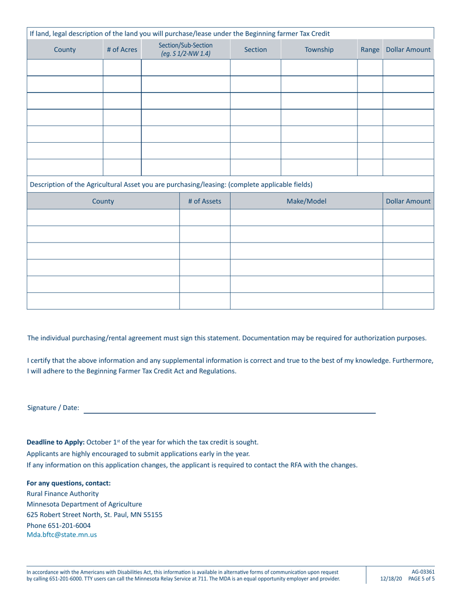 Form AG-03361 Minnesota Beginning Farmer Tax Credit Application - Minnesota, Page 5