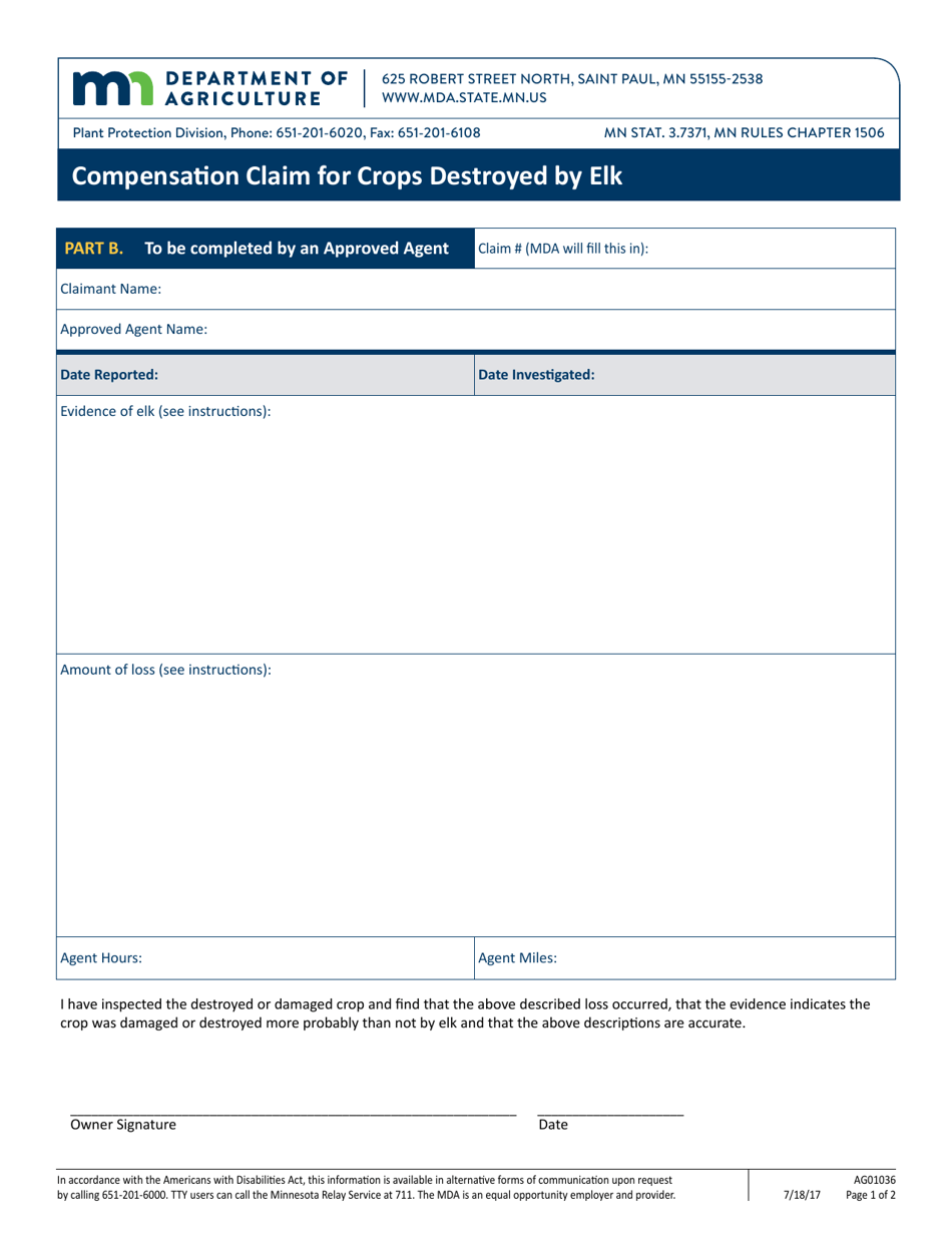 Form AG01036 Part B Compensation Claim for Crops Destroyed by Elk - Minnesota, Page 1