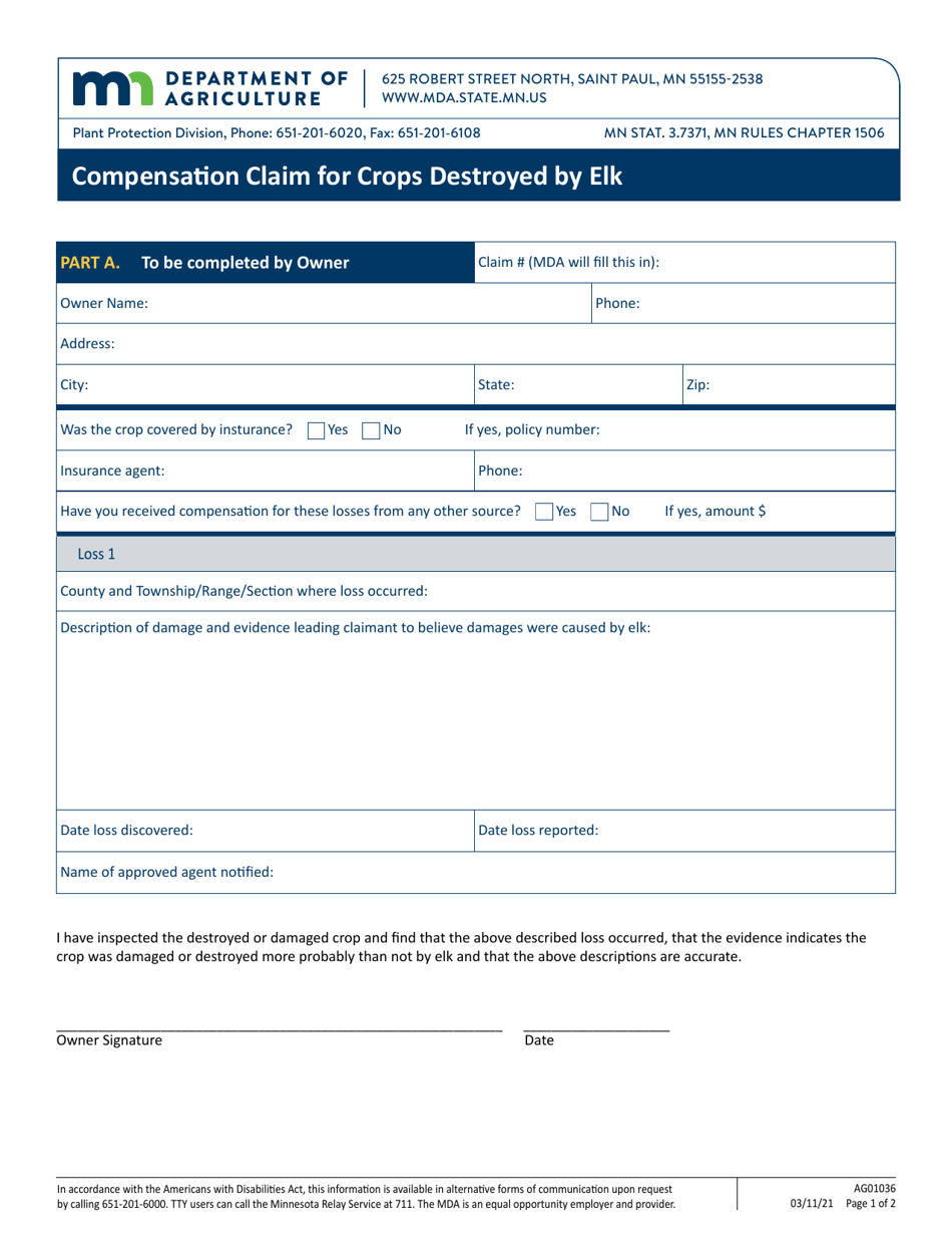 Form AG01036 Part A Compensation Claim for Crops Destroyed by Elk - Minnesota, Page 1