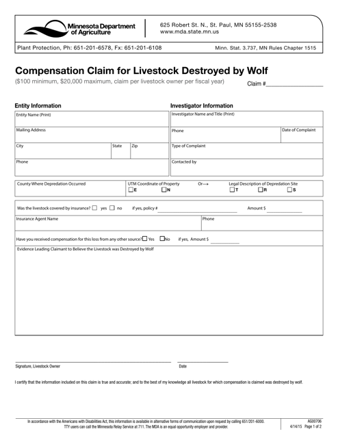 Form AG00706 Compensation Claim for Livestock Destroyed by Wolf - Minnesota