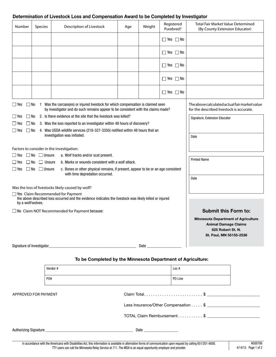 Form AG00706 Compensation Claim for Livestock Destroyed by Wolf - Minnesota, Page 2