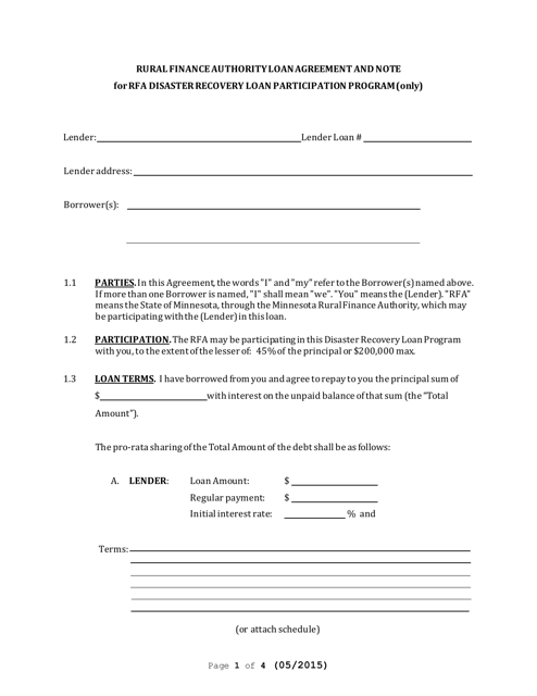 Form AG-01329-01 Rural Finance Authority Loan Agreement and Note for Rfa Disaster Recovery Loan Participation Program (Only) - Minnesota