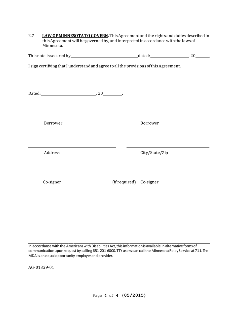 Form AG-01329-01 Rural Finance Authority Loan Agreement and Note for Rfa Disaster Recovery Loan Participation Program (Only) - Minnesota, Page 4