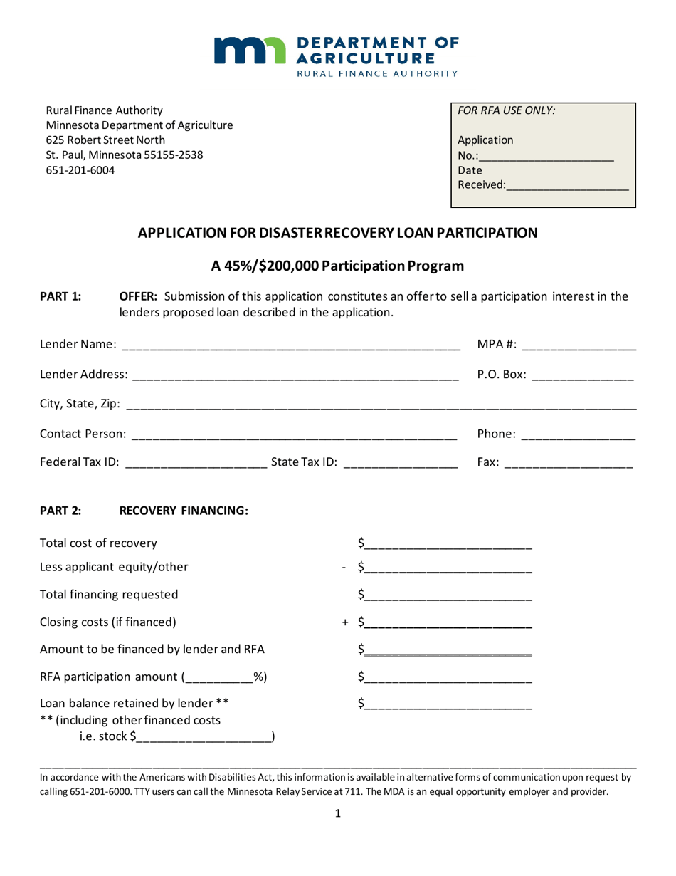 Form AG-01324-01 Application for Disaster Recovery Loan Participation - a 45% / $200,000 Participation Program - Minnesota, Page 1
