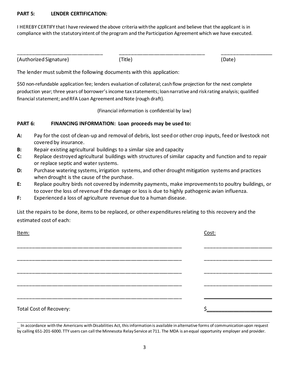 Form AG-01324-01 Application for Disaster Recovery Loan Participation - a 45% / $200,000 Participation Program - Minnesota, Page 3