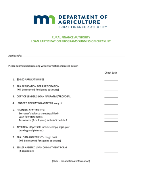 Form AG001186-01 Loan Participation Programs Submission Checklist - Minnesota