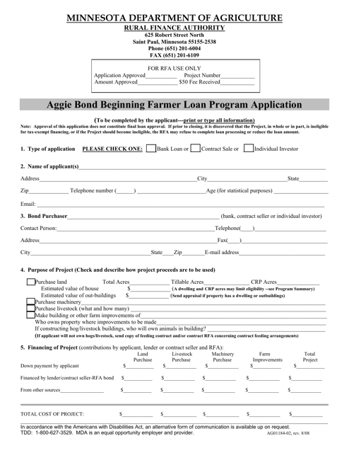Form AG01184-02 Aggie Bond Beginning Farmer Loan Program Application - Minnesota