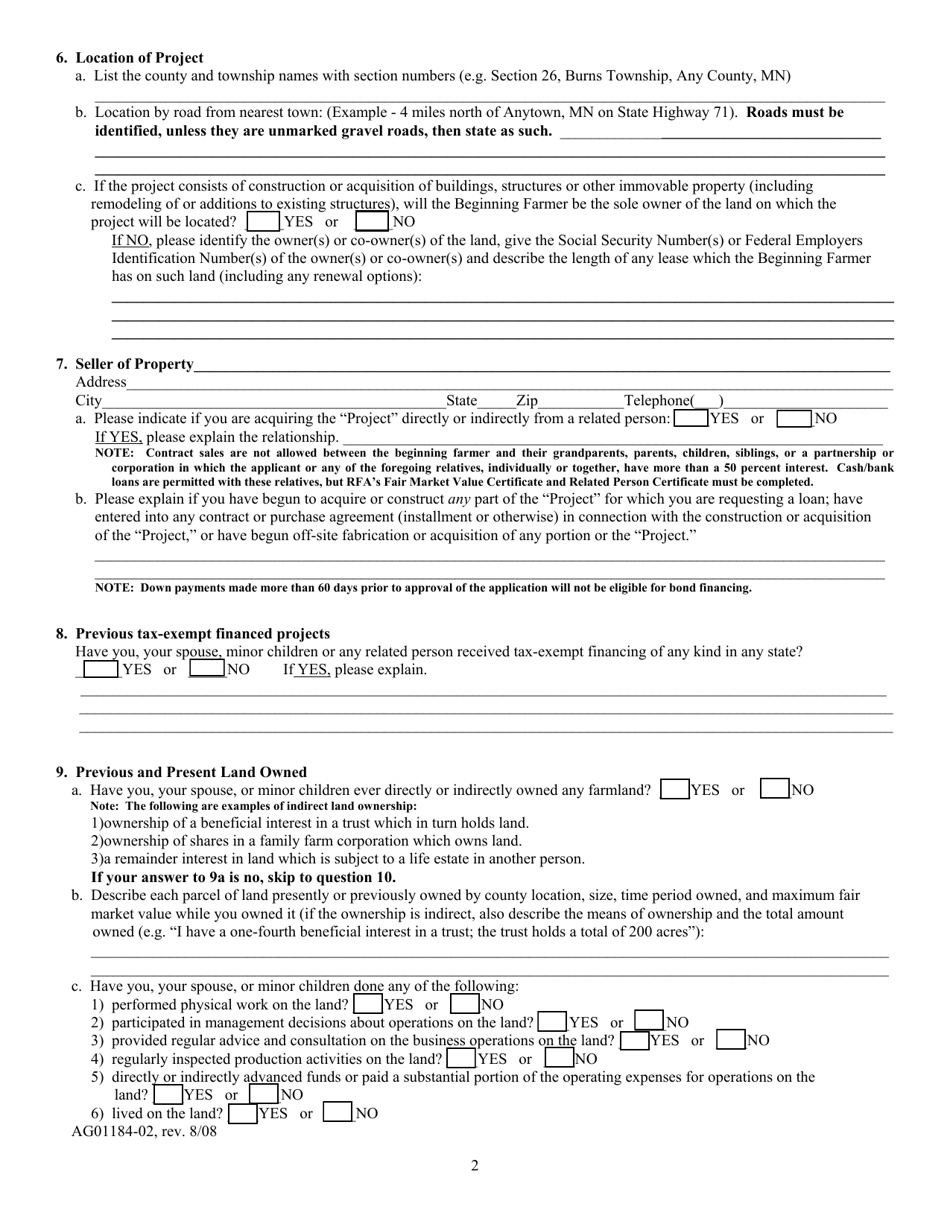 Form AG01184-02 Aggie Bond Beginning Farmer Loan Program Application - Minnesota, Page 2