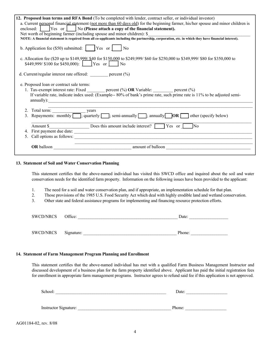 Form AG01184-02 Aggie Bond Beginning Farmer Loan Program Application - Minnesota, Page 4