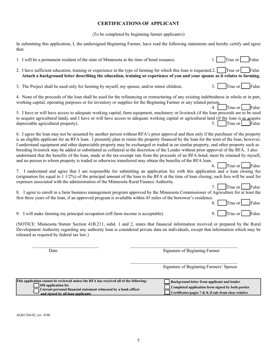 Form AG01184-02 Aggie Bond Beginning Farmer Loan Program Application - Minnesota, Page 5