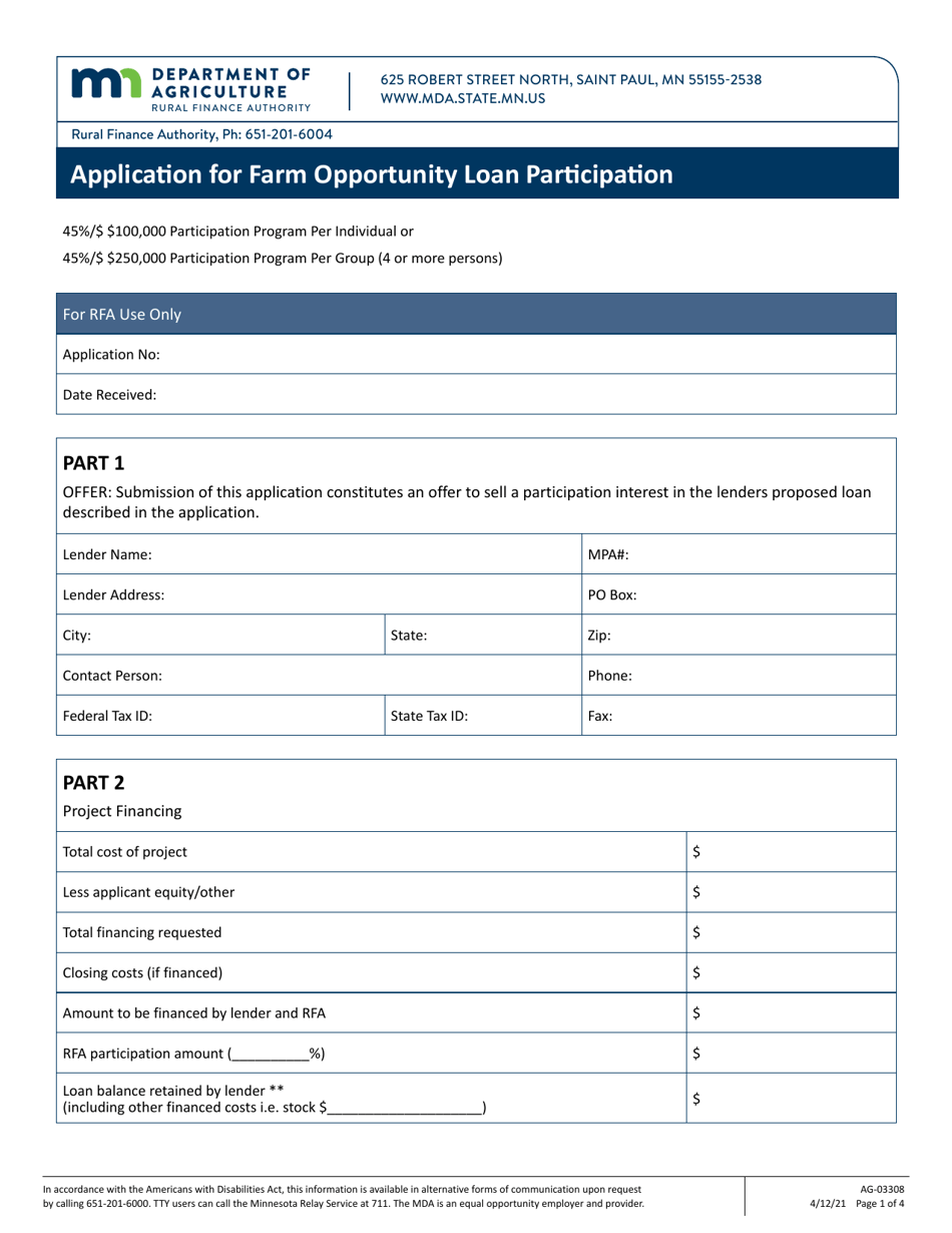 Form AG-03308 Application for Farm Opportunity Loan Participation - Minnesota, Page 1