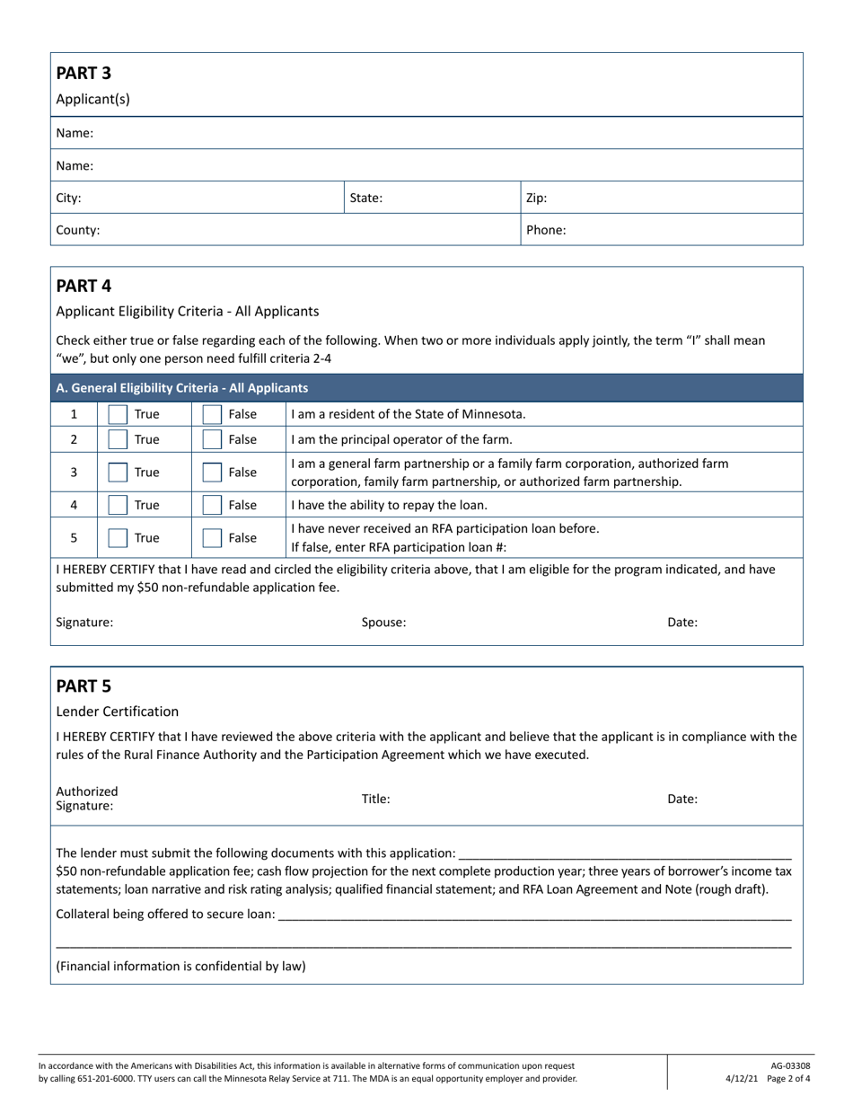 Form AG-03308 Application for Farm Opportunity Loan Participation - Minnesota, Page 2