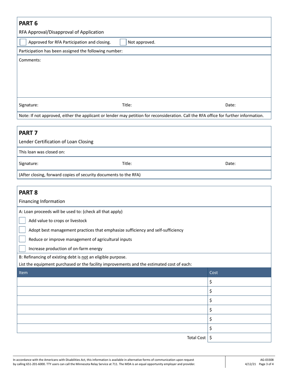 Form AG-03308 Application for Farm Opportunity Loan Participation - Minnesota, Page 3