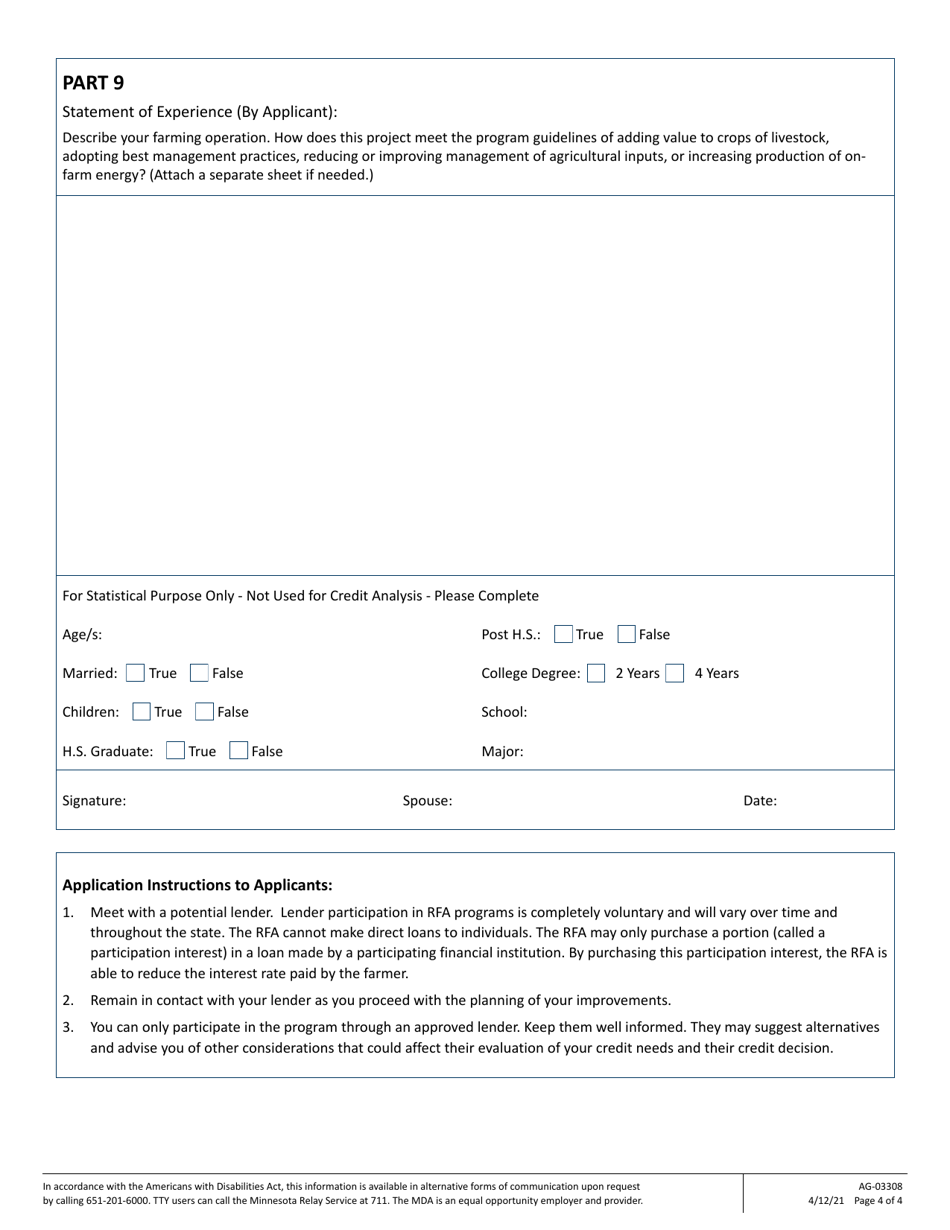 Form AG-03308 Application for Farm Opportunity Loan Participation - Minnesota, Page 4