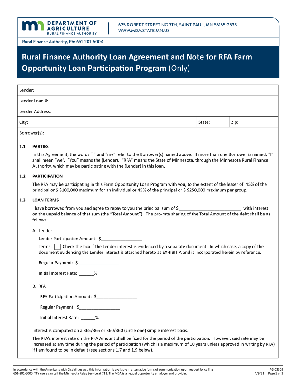 Form AG-03309 Rural Finance Authority Loan Agreement and Note for Rfa Farm Opportunity Loan Participation Program (Only) - Minnesota, Page 1