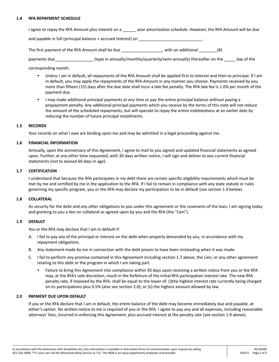 Form AG-03309 Rural Finance Authority Loan Agreement and Note for Rfa Farm Opportunity Loan Participation Program (Only) - Minnesota, Page 2