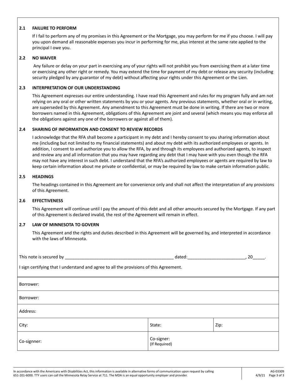 Form AG-03309 Rural Finance Authority Loan Agreement and Note for Rfa Farm Opportunity Loan Participation Program (Only) - Minnesota, Page 3