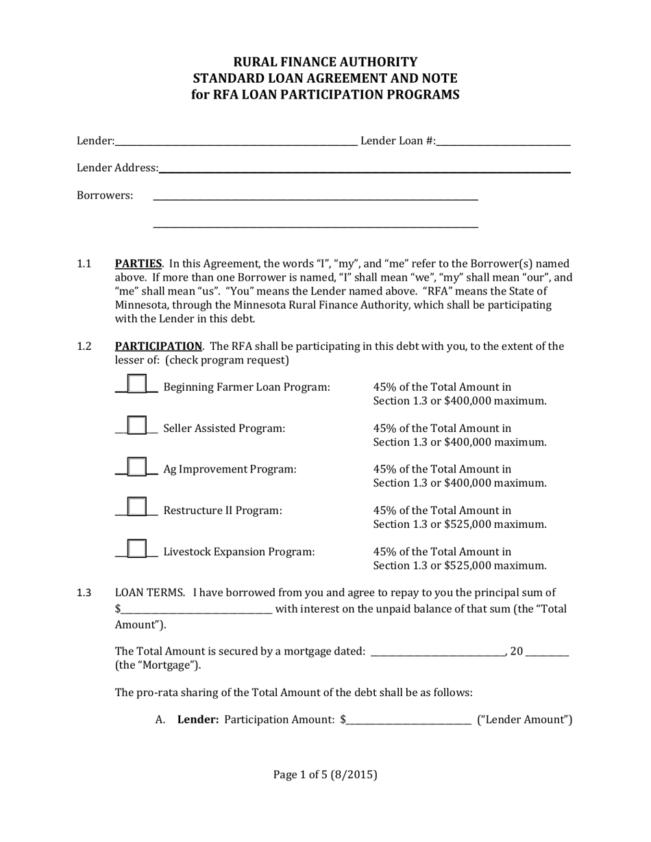 Rural Finance Authority Standard Loan Agreement and Note for Rfa Loan Participation Programs - Minnesota, Page 1