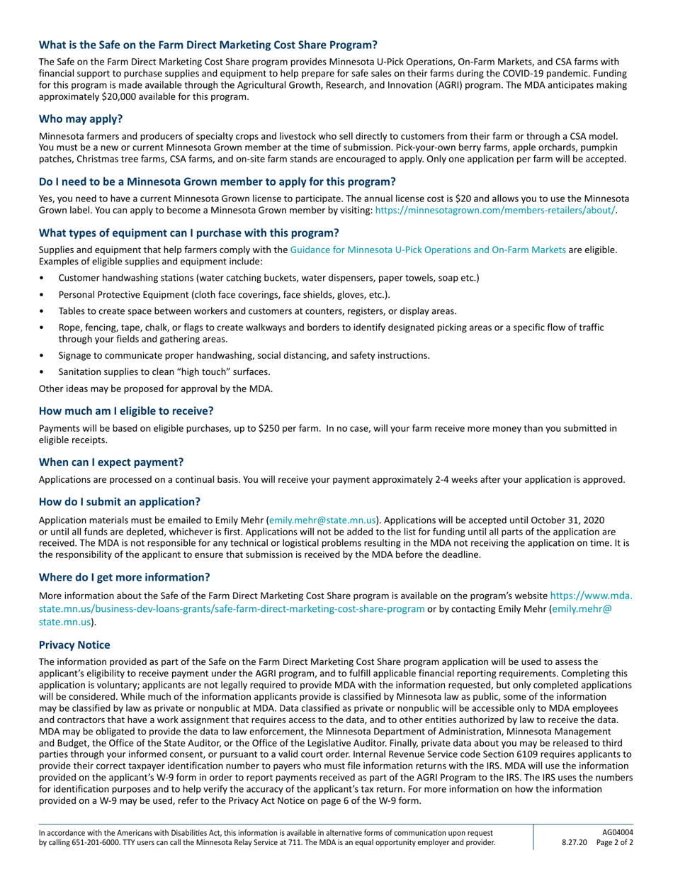 Form AG04004 Safe on the Farm Direct Marketing Cost Share Program - Minnesota, Page 2