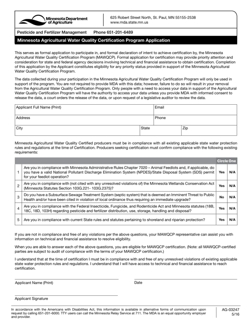 Form AG-03247 Minnesota Agricultural Water Quality Certification Program Application - Minnesota