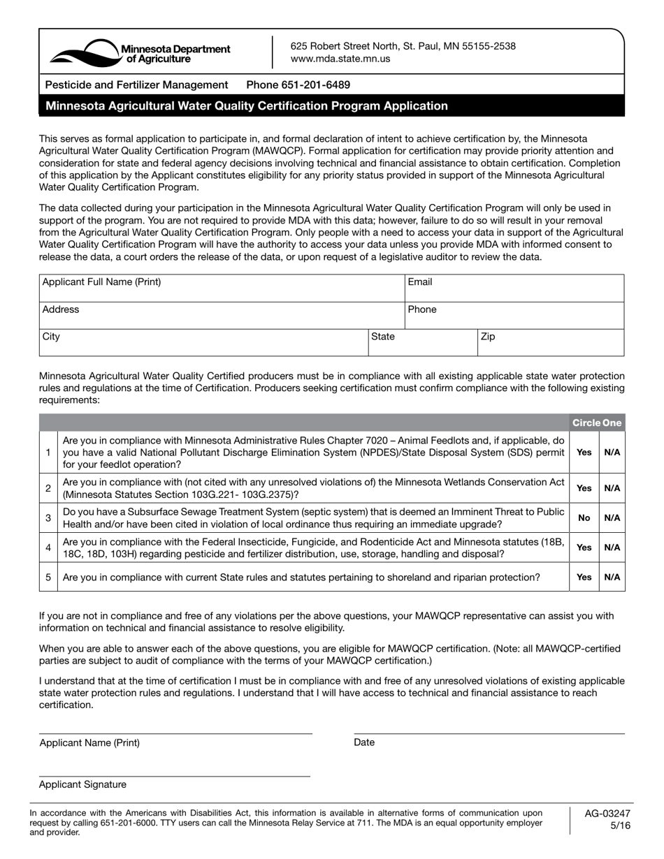 Form AG-03247 Minnesota Agricultural Water Quality Certification Program Application - Minnesota, Page 1