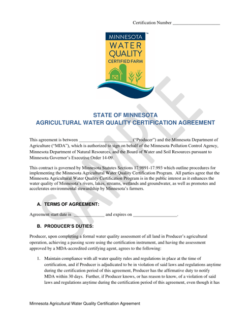 Agricultural Water Quality Certification Agreement - Sample - Minnesota Download Pdf