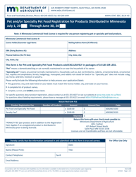 Form AG-01368 &quot;Pet and/or Specialty Pet Food Product Registration for Products Distributed in Minnesota&quot; - Minnesota