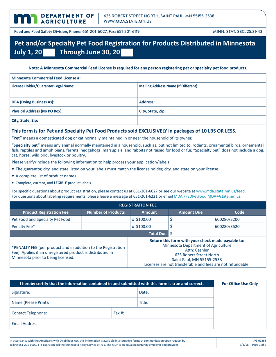 Form AG-01368 Pet and / or Specialty Pet Food Product Registration for Products Distributed in Minnesota - Minnesota, Page 1