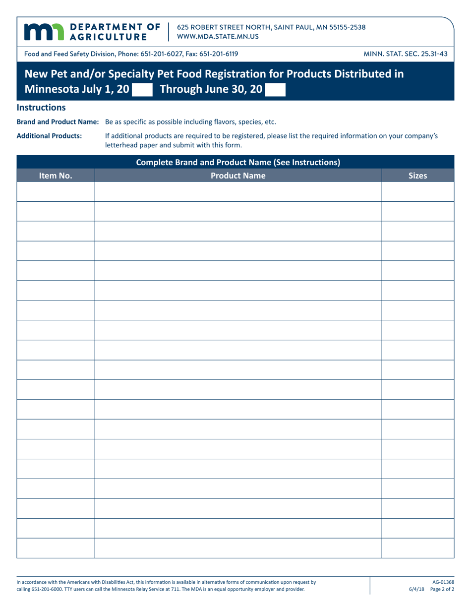 Form AG-01368 Pet and / or Specialty Pet Food Product Registration for Products Distributed in Minnesota - Minnesota, Page 2