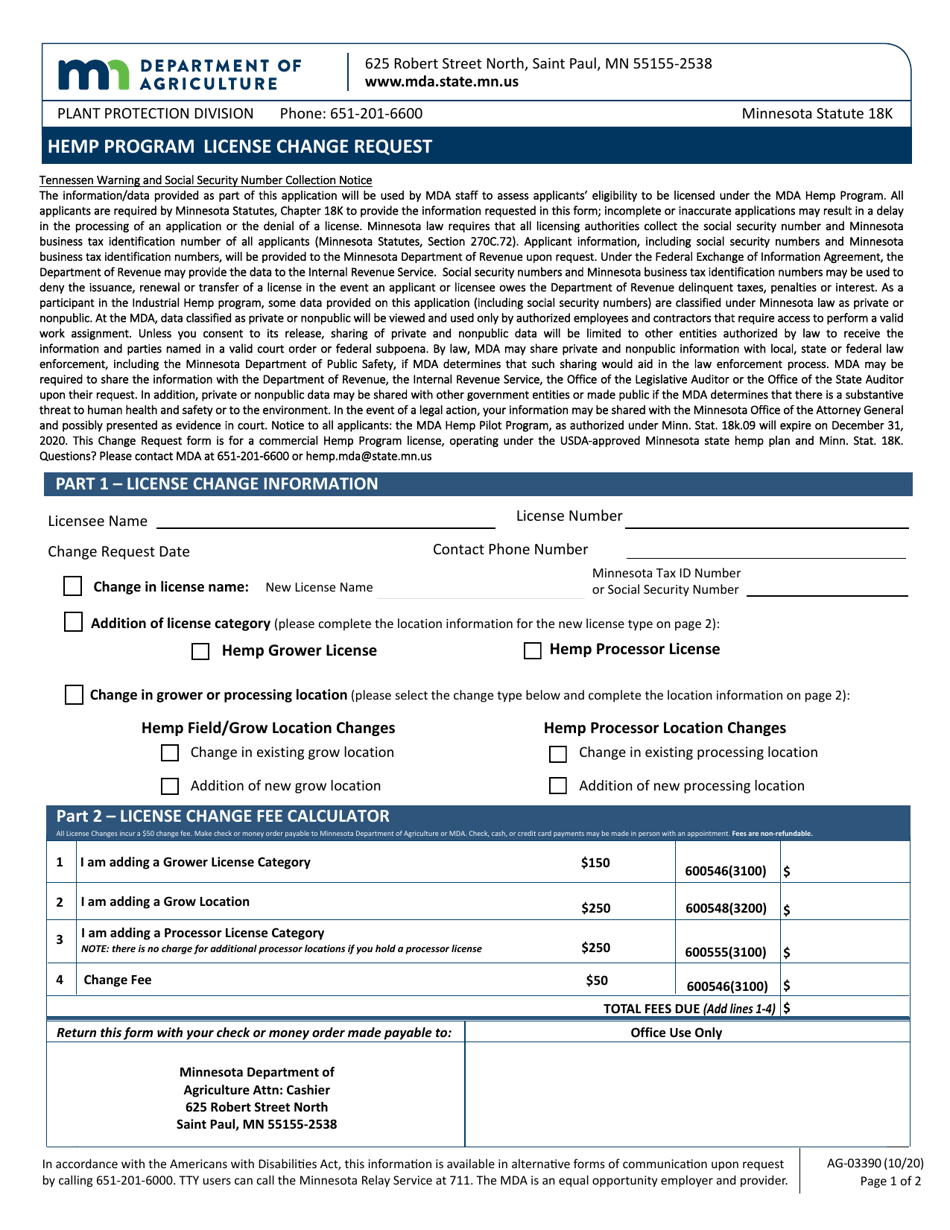 Form AG-03390 Hemp Program License Change Request - Minnesota, Page 1