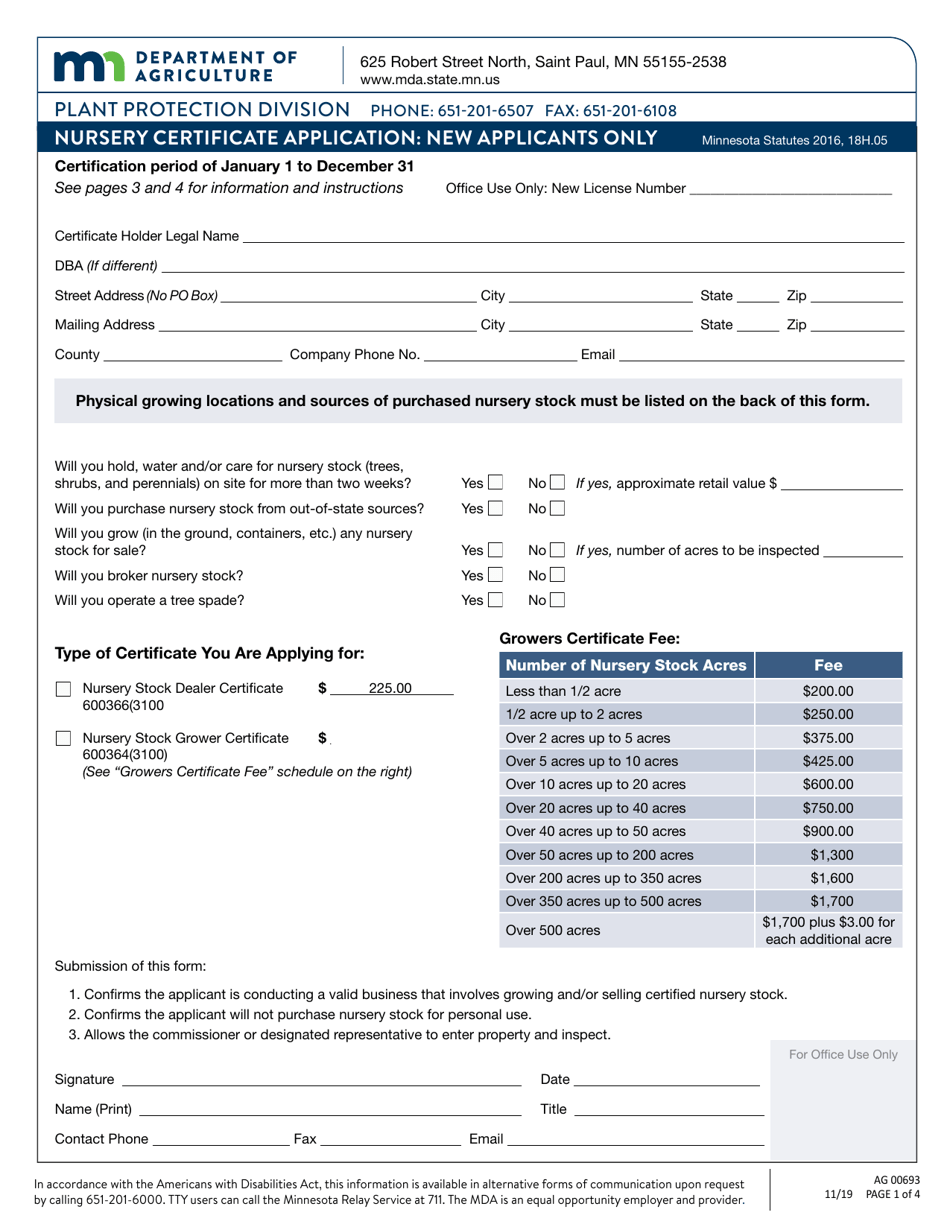 Form AG00693 Nursery Certificate Application - Minnesota, Page 1