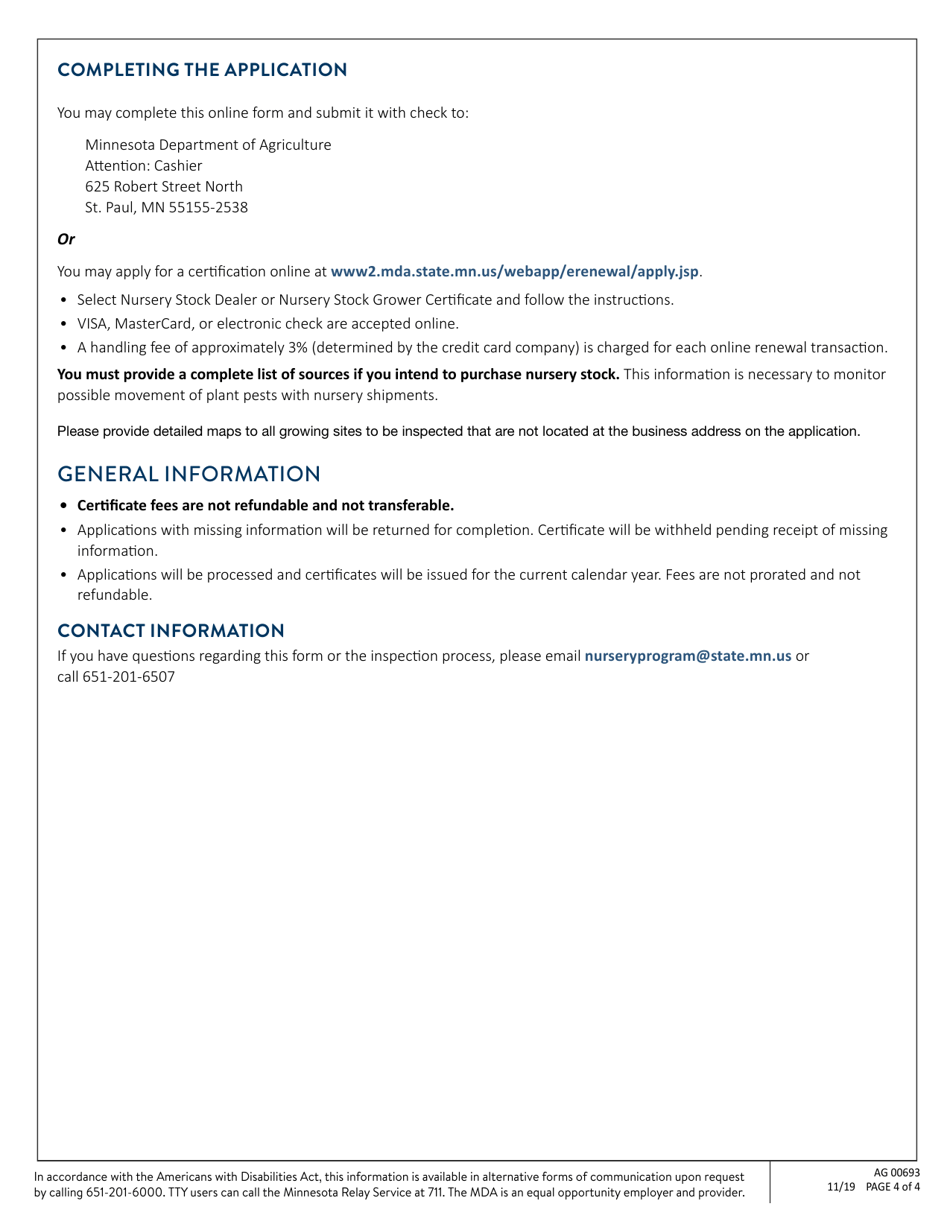Form AG00693 Nursery Certificate Application - Minnesota, Page 4