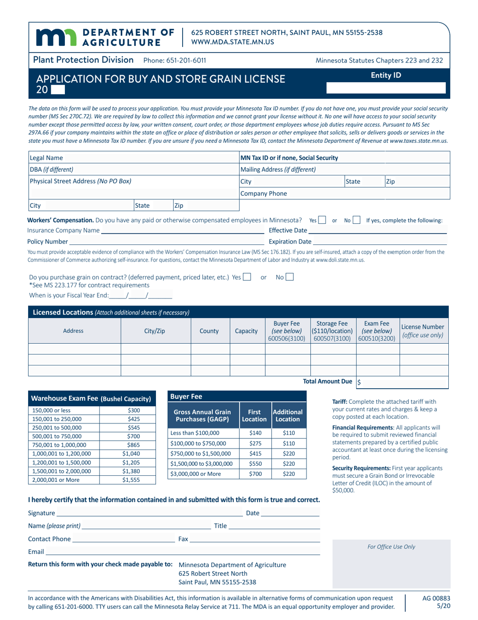 Form AG00883 Application for Buy and Store Grain License - Minnesota, Page 1