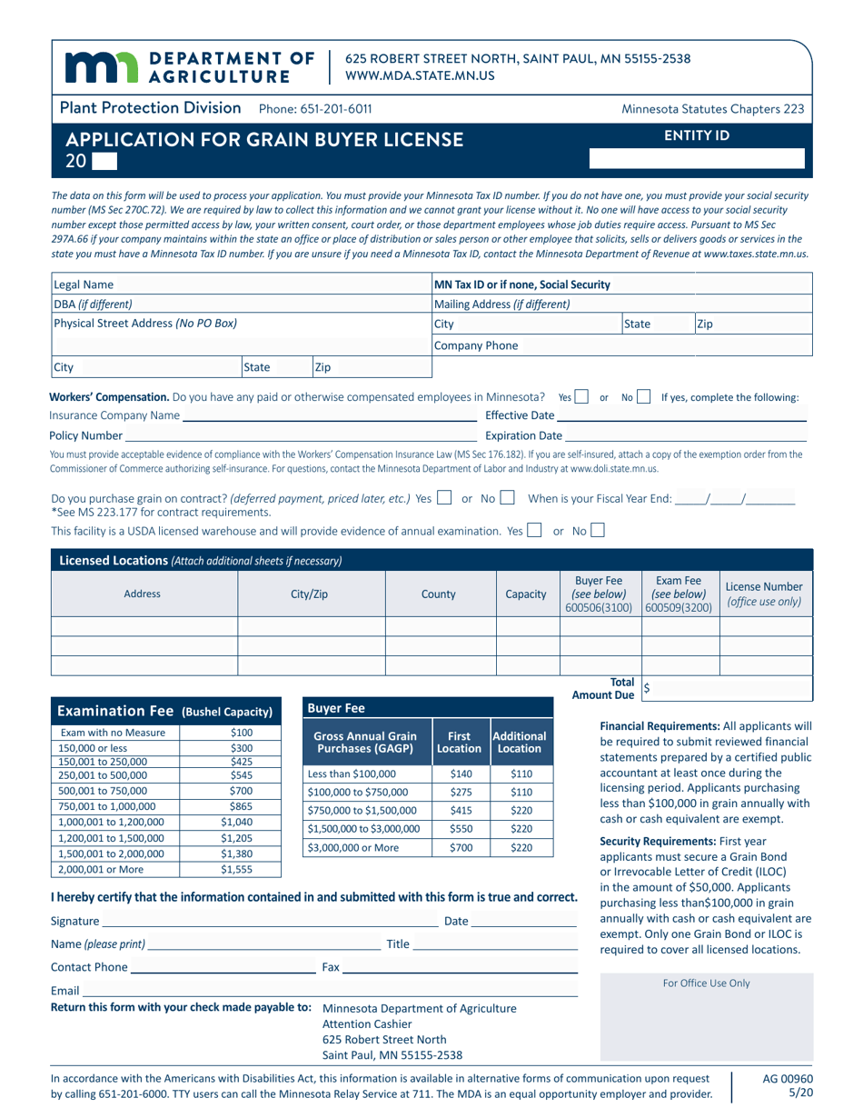 Form AG00960 Application for Grain Buyer License - Minnesota, Page 1