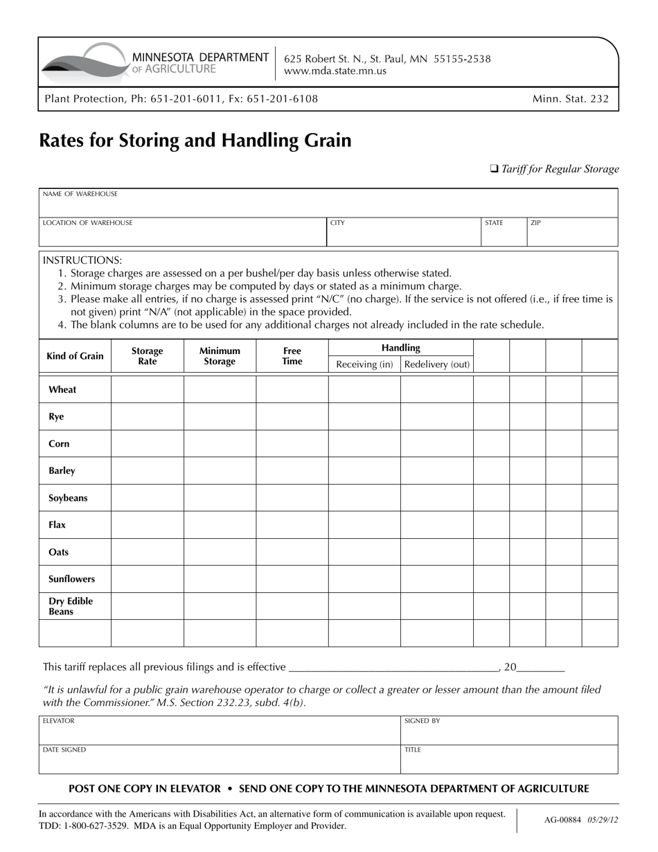 Form AG-00884 Rates for Storing and Handling Grain - Minnesota, Page 1