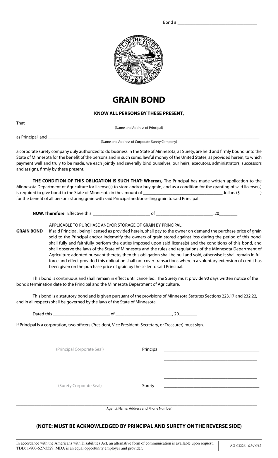 Form AG-03226 Grain Bond - Minnesota, Page 1