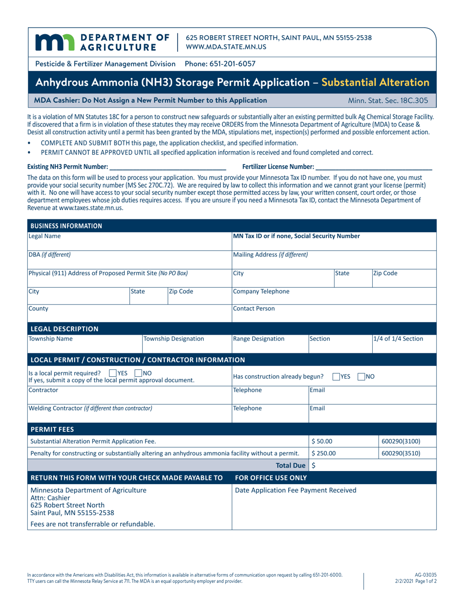 Form AG-03035 Anhydrous Ammonia (Nh3) Storage Permit Application - Substantial Alteration - Minnesota, Page 1