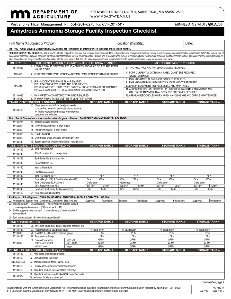 Form AG-01314 Anhydrous Ammonia Storage Facility Inspection Checklist - Minnesota, Page 1