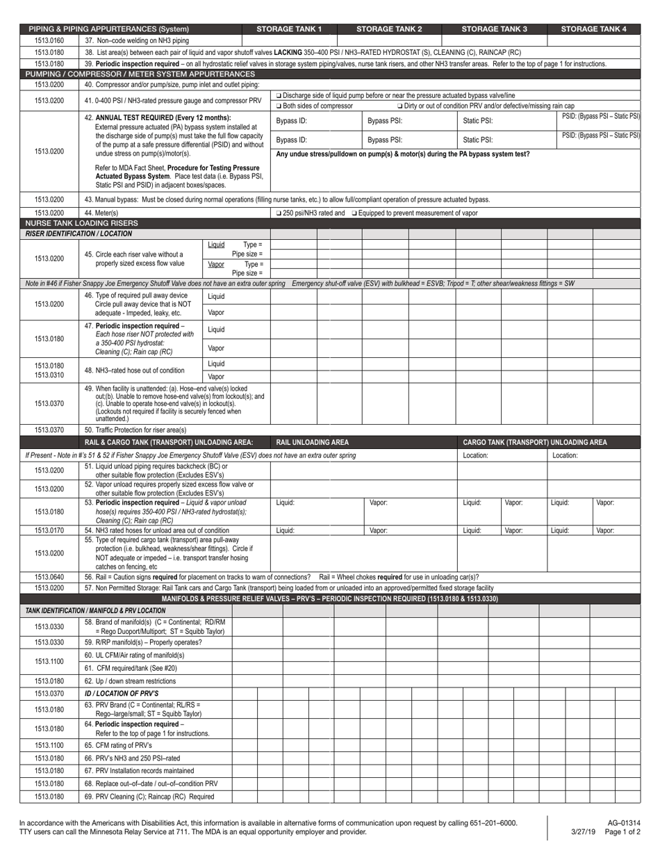 Form AG-01314 Anhydrous Ammonia Storage Facility Inspection Checklist - Minnesota, Page 2